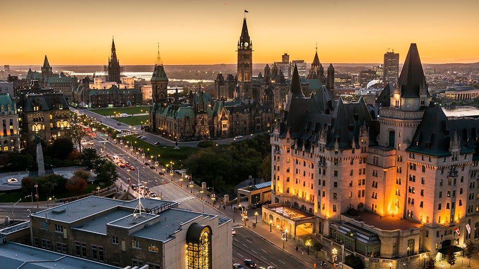 Panoramic view of Parliament Hill and Fairmont Château Laurier