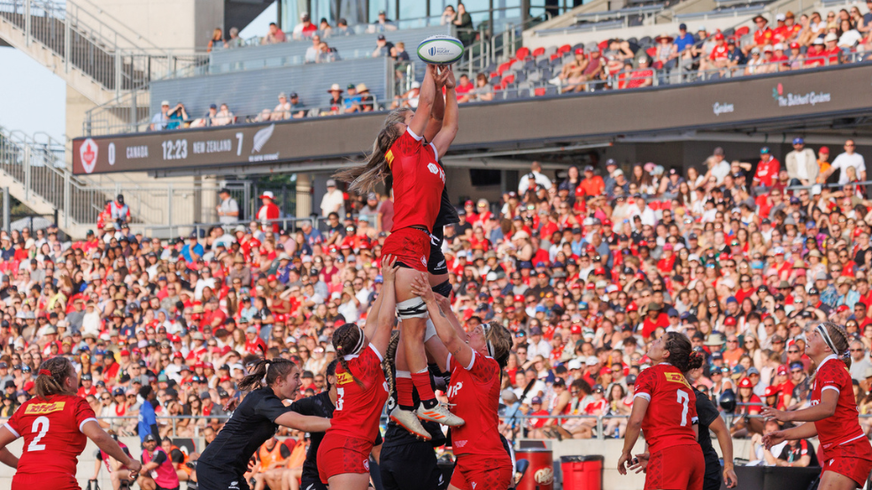 TD Place World Rugby Pacific Four Series with crowd of players reaching for ball