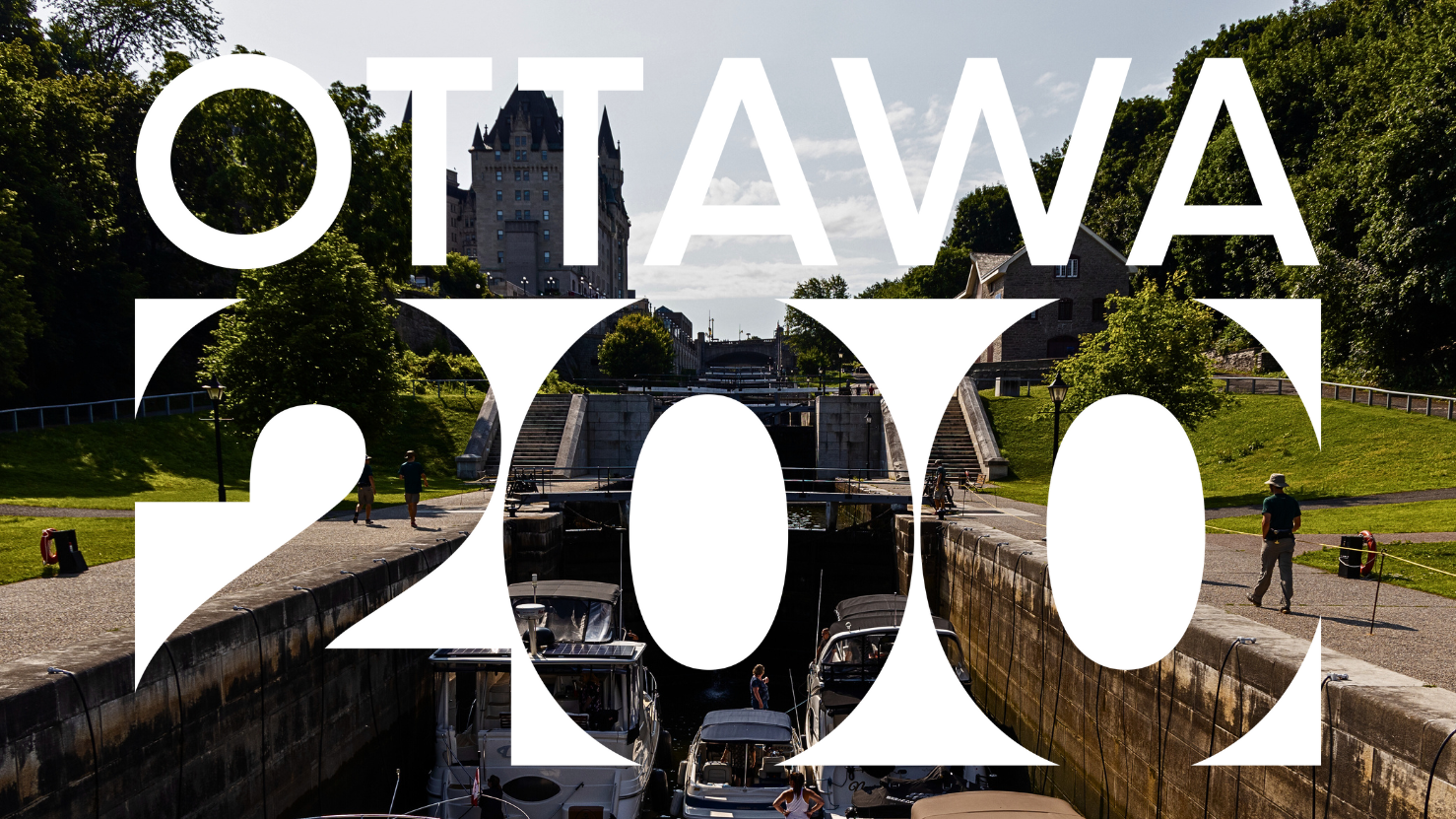 Ottawa Locks with the Chateau Laurier on the left, and the Bytown Museum on the right. Overlayed graphic which reads "Ottawa 200".
