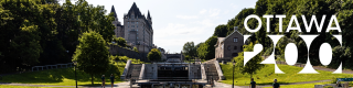 Ottawa Locks with the Chateau Laurier on the left, and the Bytown Museum on the right. Overlayed graphic which reads "Ottawa 200".  